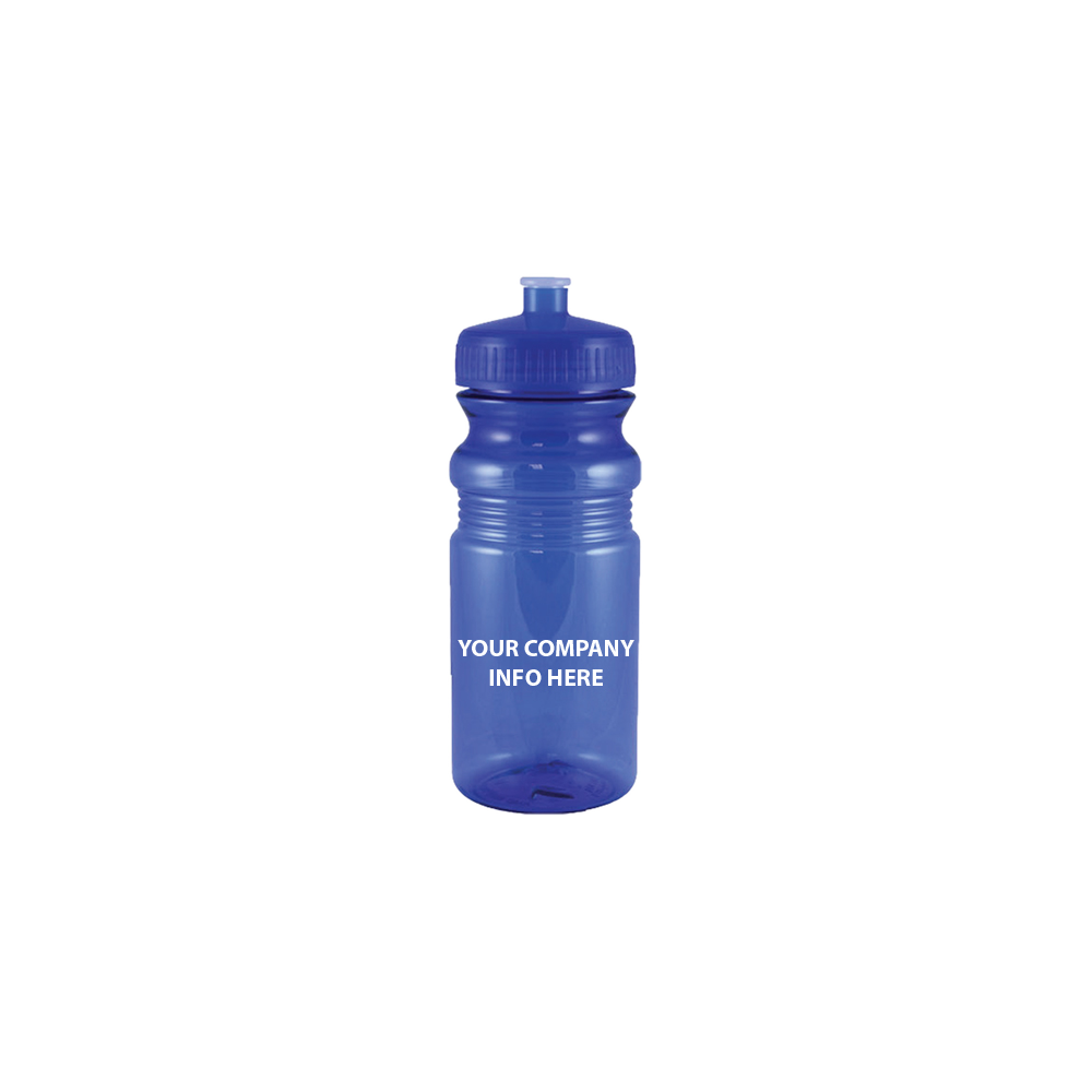 Translucent blue 20-ounce promotional sport bottle with a push-pull lid