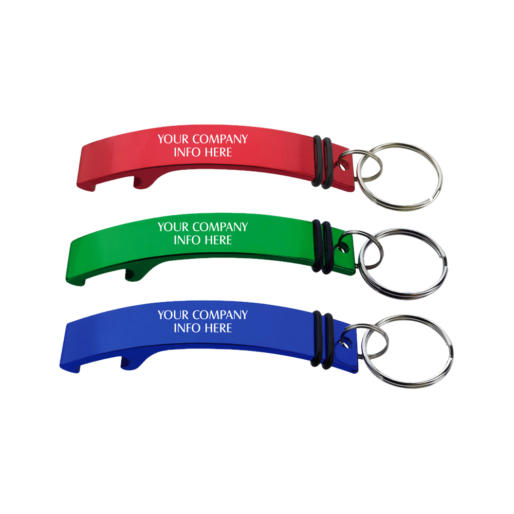 Red, green and blue curved aluminum bottle opener key chains
