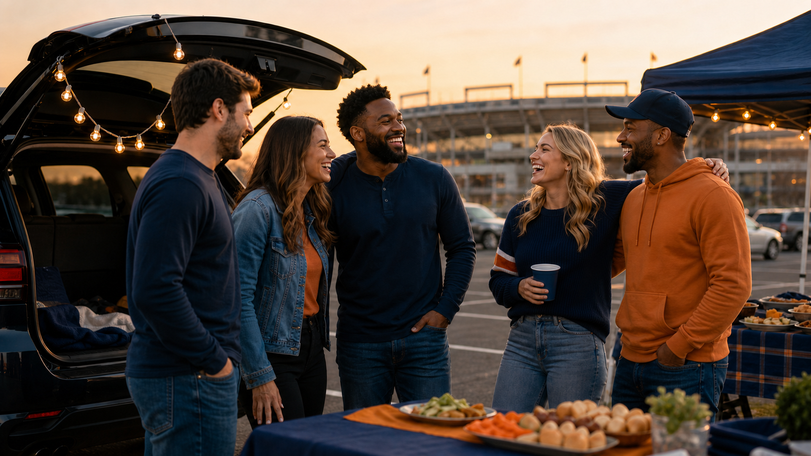 Five friends enjoying a sunset tailgate with food, string lights and an open SUV outside a football stadium.