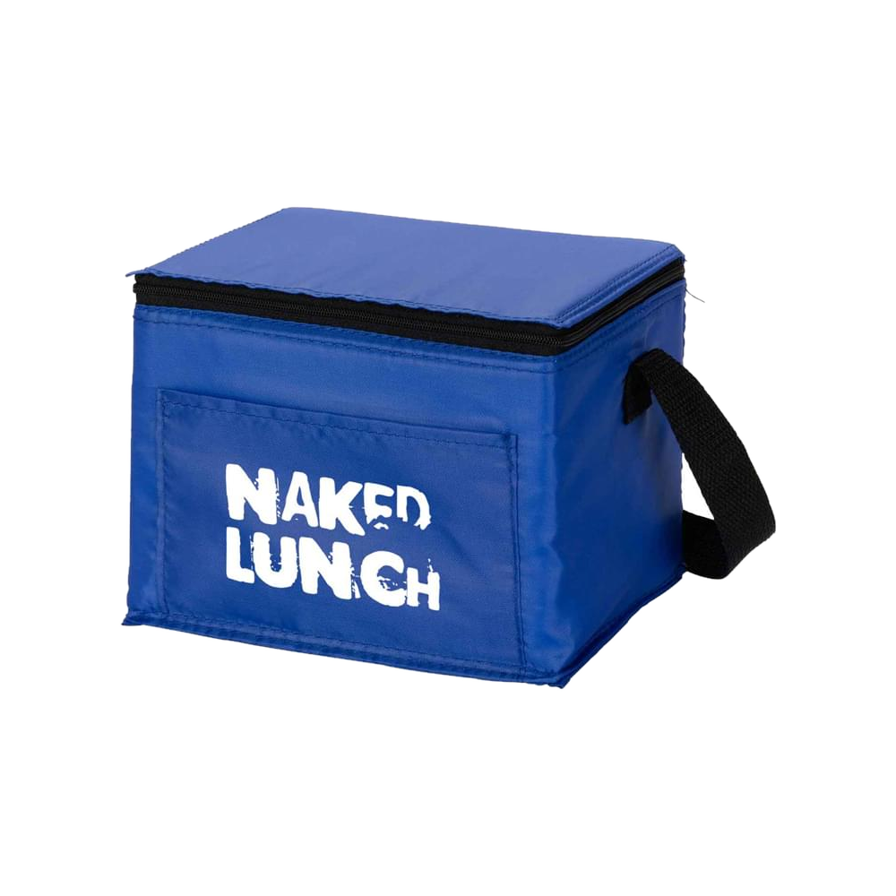 Blue six-pack cooler with a zippered lid and shoulder strap