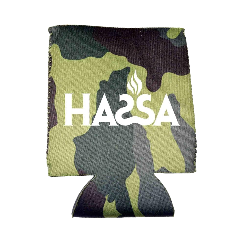 Camouflage neoprene can cooler with a sample white imprint