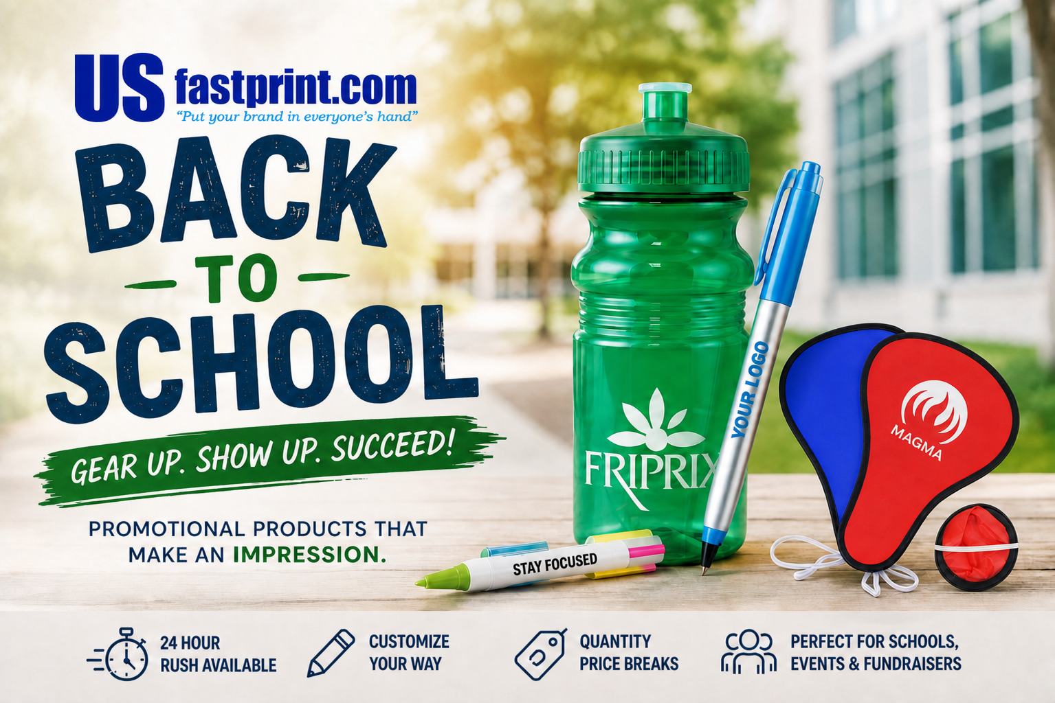 Back-to-school promotional products for schools, colleges, universities, and student organizations from USFastPrint.com