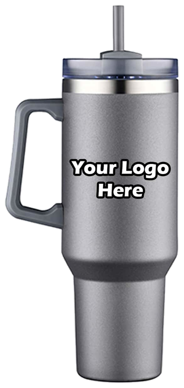 Gray 40-ounce stainless steel travel mug with a handle, lid, straw and sample logo.