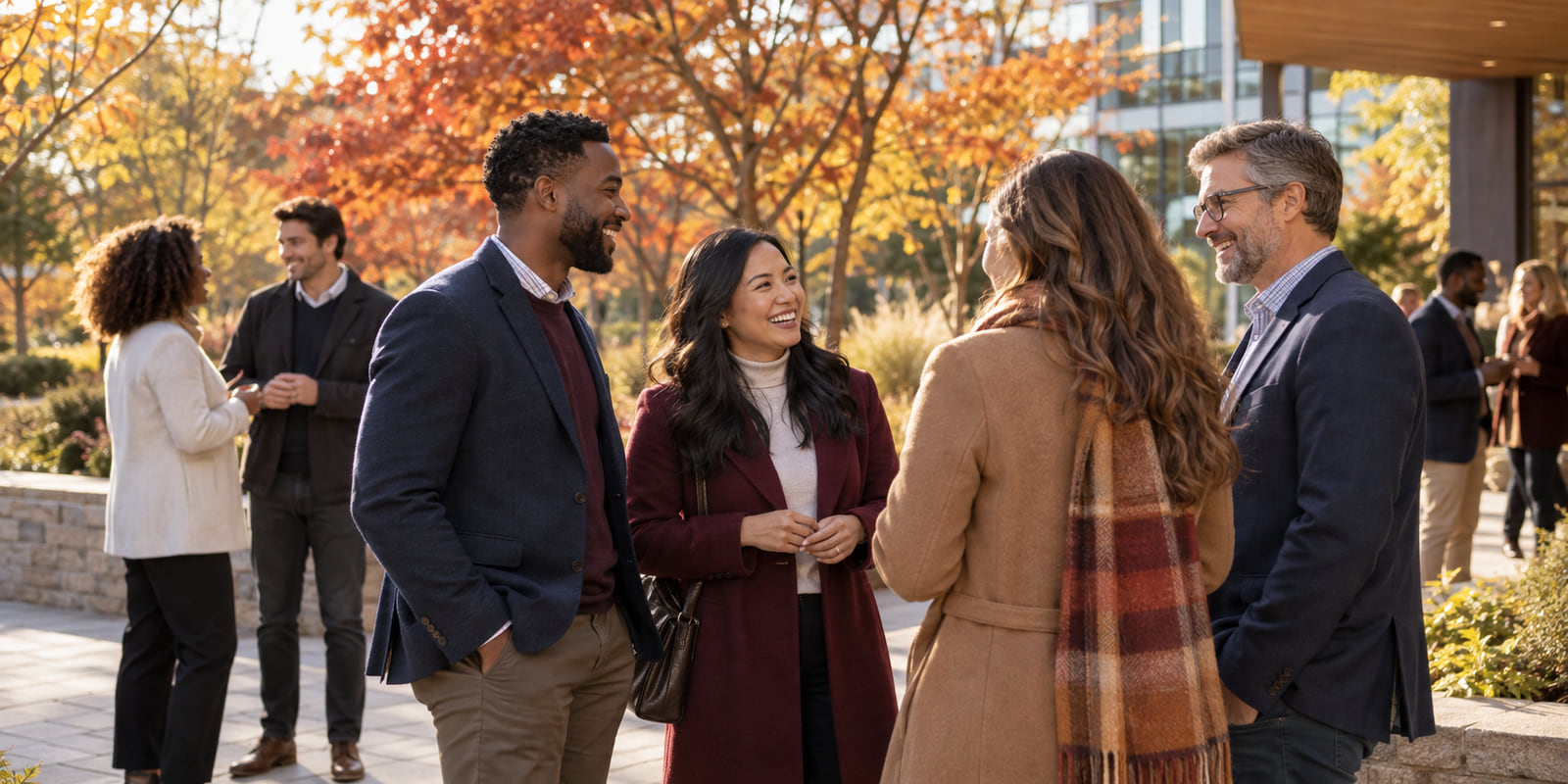Business professionals connecting at an outdoor fall gathering surrounded by colorful autumn trees.