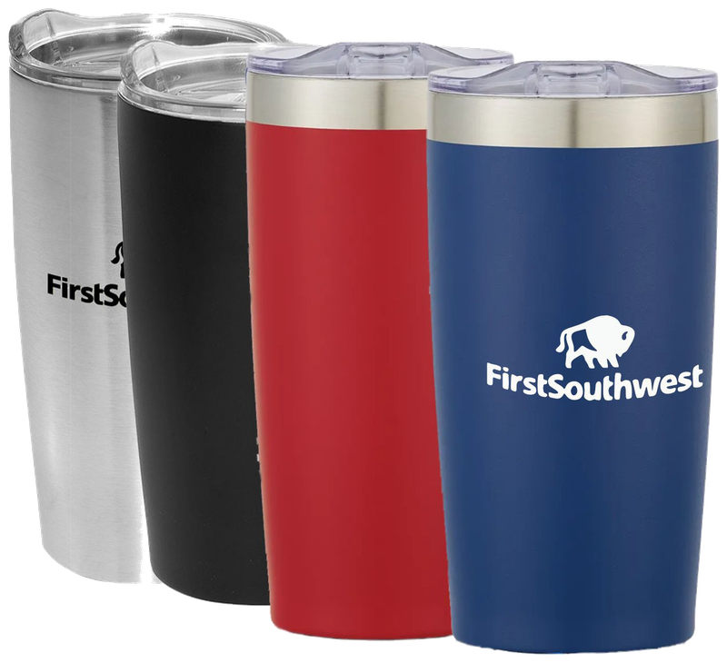 Silver, black, red and blue 20-ounce stainless steel tumblers with clear lids and sample imprints.