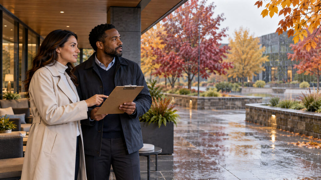 Business event planners reviewing plans from a covered terrace during a rainy autumn afternoon.