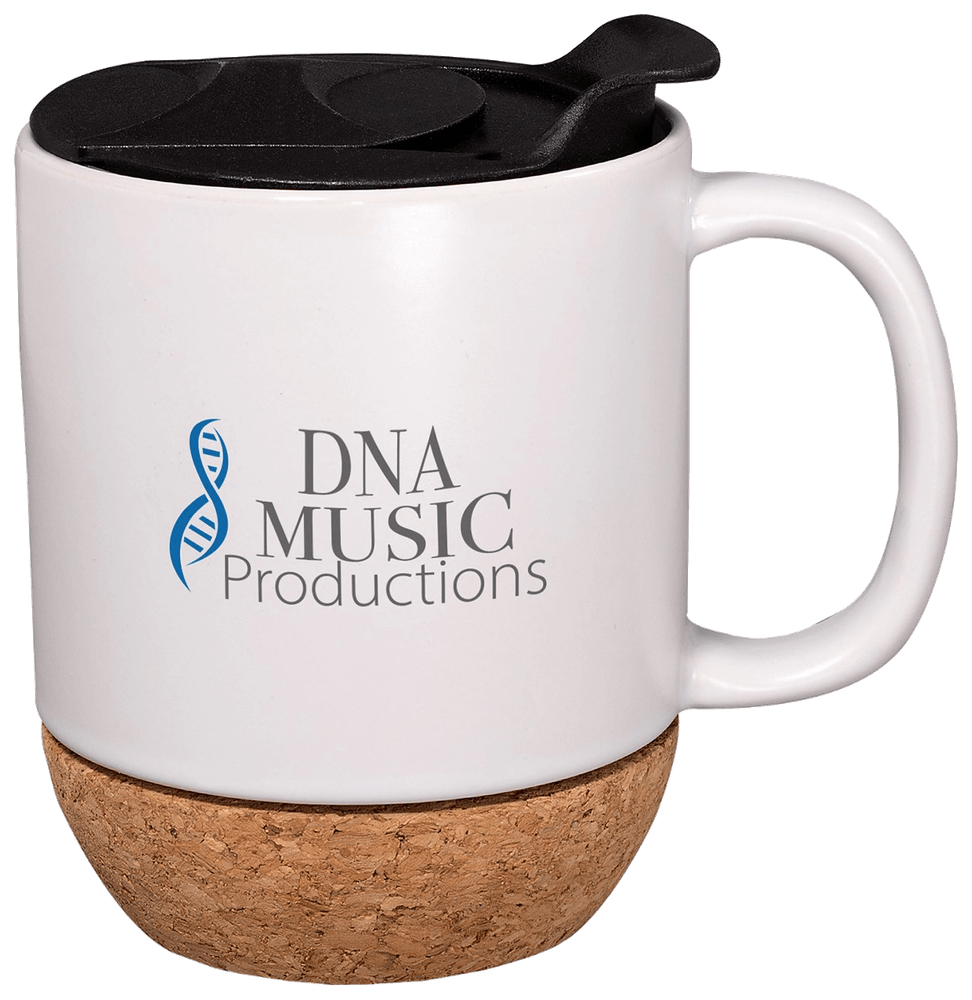White 14-ounce ceramic mug with a black lid, cork base, and sample custom imprint.