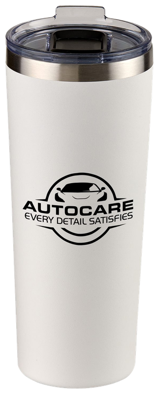 White 28-ounce Everest stainless steel tumbler with a lid and black sample imprint.