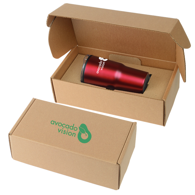 Red 20-ounce Denali tumbler in an open kraft gift box, alongside a closed-box view.