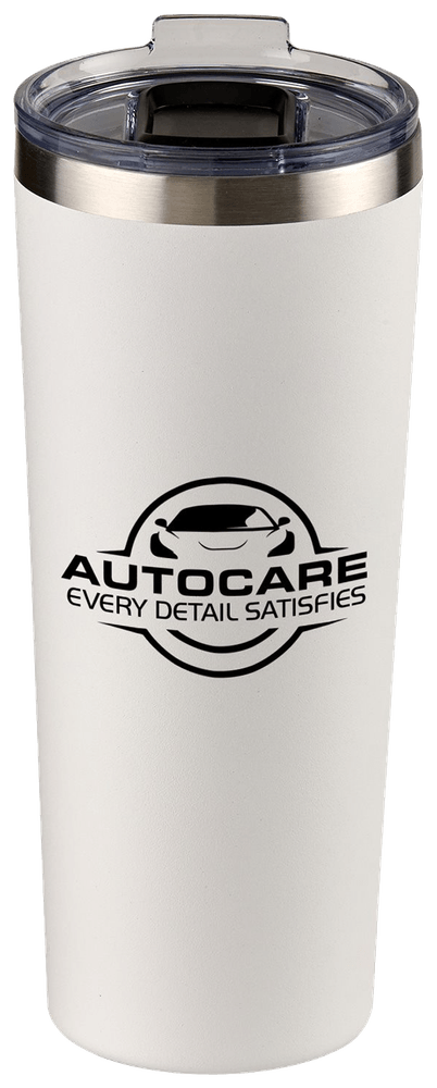 White 28-ounce Everest powder-coated stainless steel tumbler with a clear lid and sample black imprint.