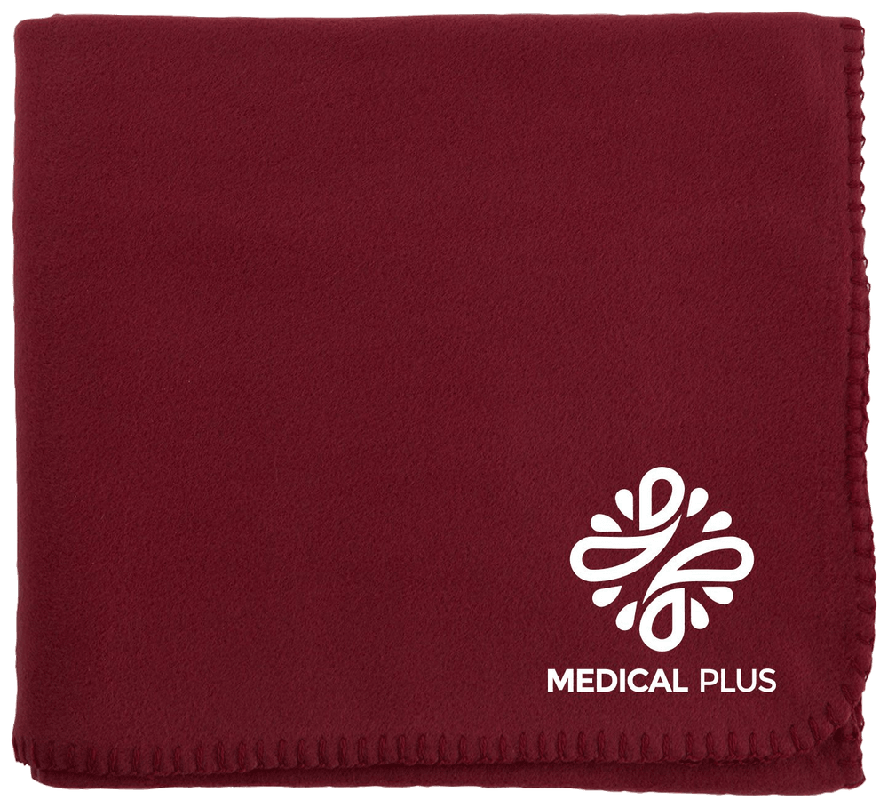 Folded burgundy Cozy Fleece Blanket with stitched edges and a sample white imprint.