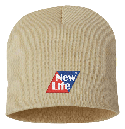 Camel Sportsman knit beanie with a small sample embroidered patch.