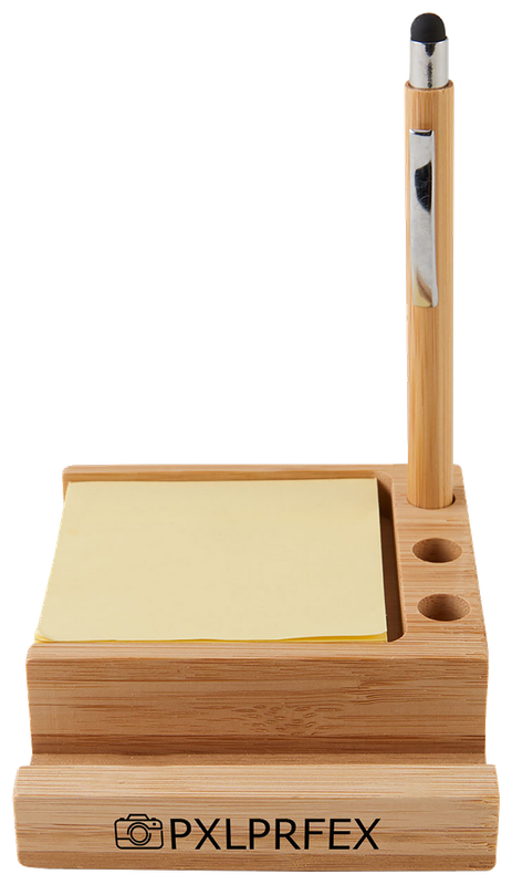 Bamboo desk organizer shown with a stylus pen, yellow notepad and front phone-support ledge.