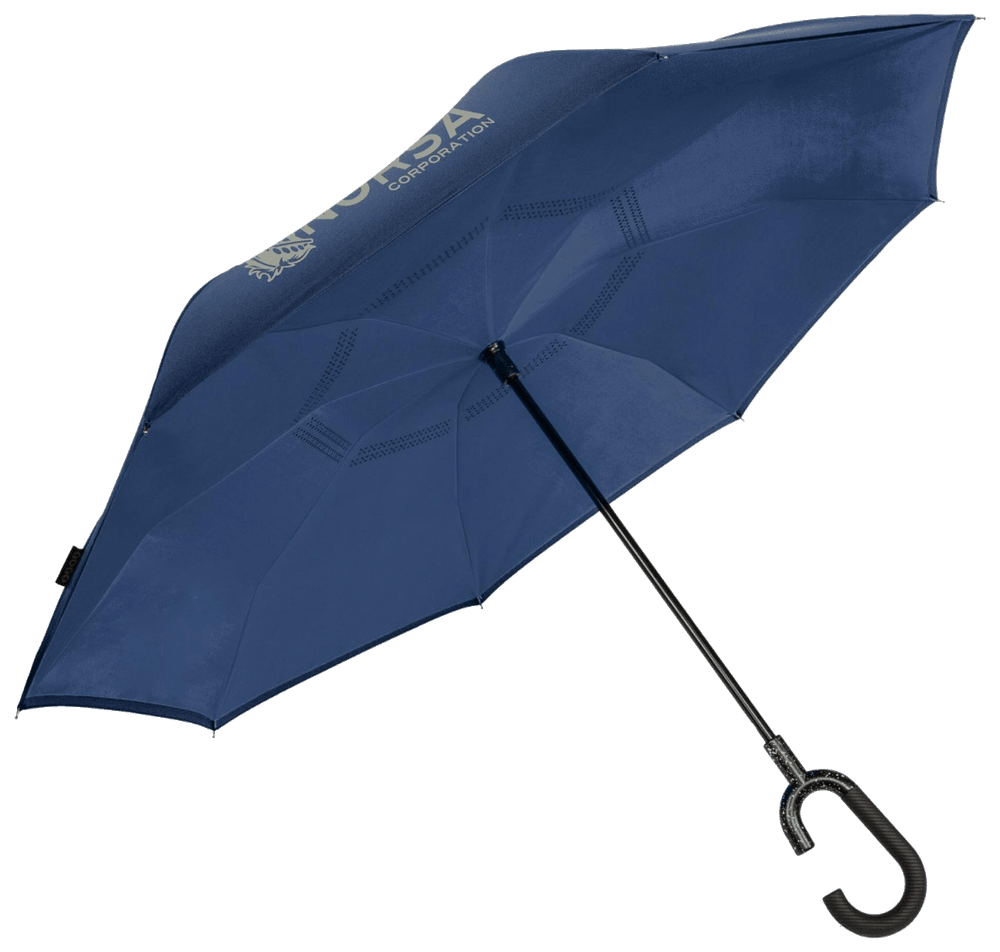 Open navy reverse-closing RPET stick umbrella with a black C-shaped handle and sample imprint.