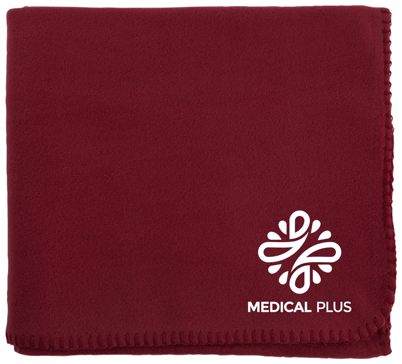 Folded burgundy Cozy Fleece Blanket with stitched edges and a white sample imprint.