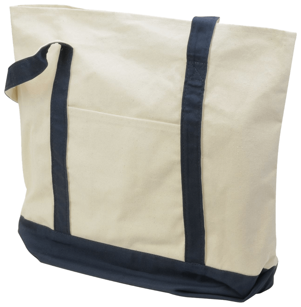 Natural Standard Boat Tote with navy straps, front pocket, and navy base.