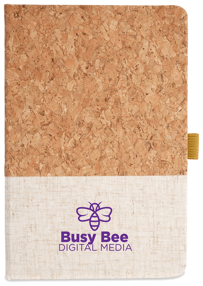 Cork and heathered-fabric hard-cover journal with a pen loop and sample purple imprint.