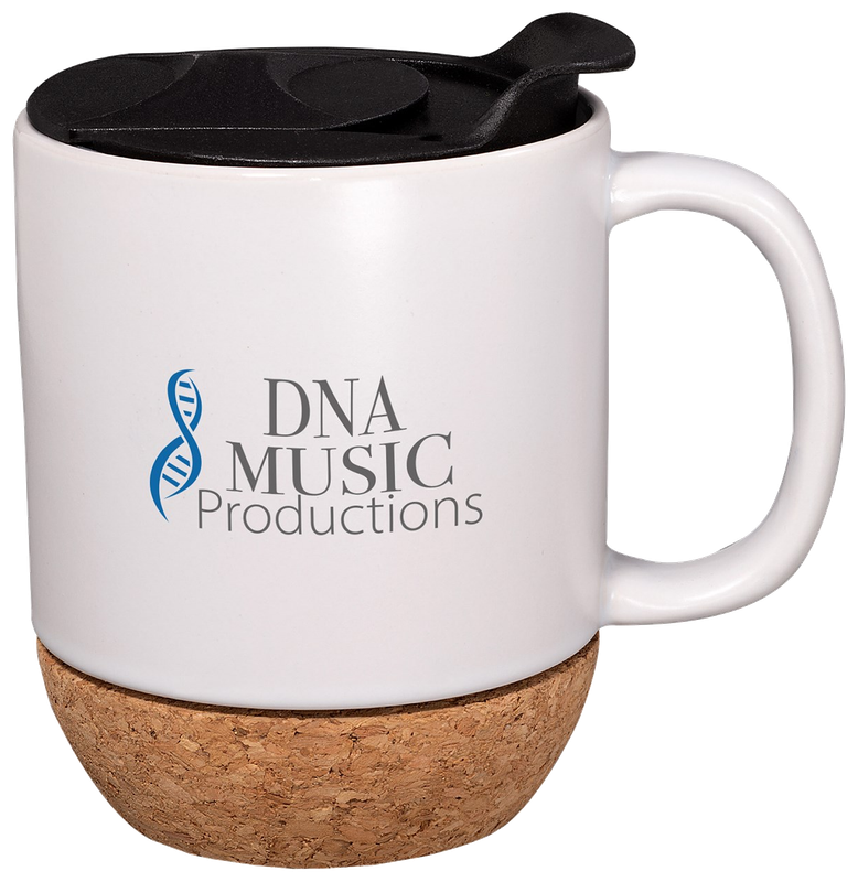 White 14-ounce ceramic mug with a cork base, black lid, handle and sample imprint.