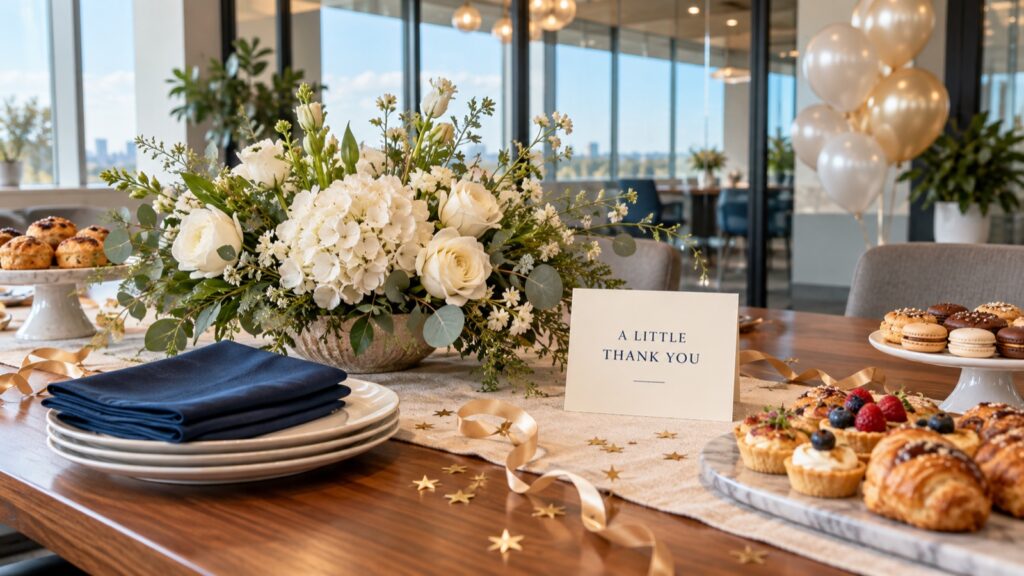 Office celebration table with white flowers, pastries, gold confetti, and an “A Little Thank You” card.