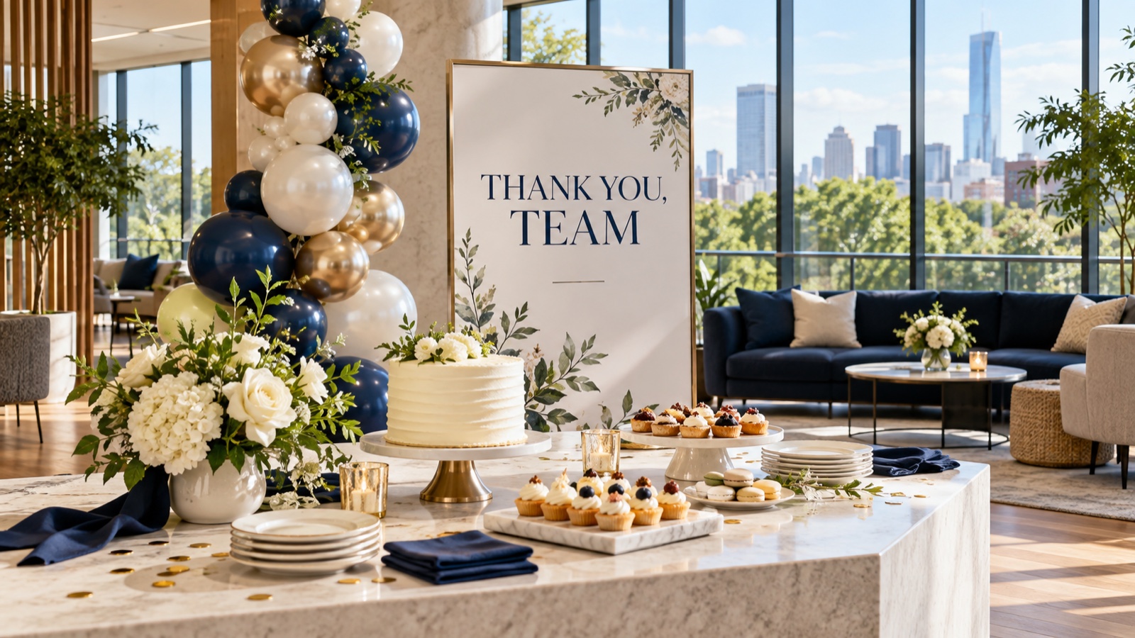 Office celebration with navy and gold balloons, flowers, cake, and a “Thank You, Team” sign.