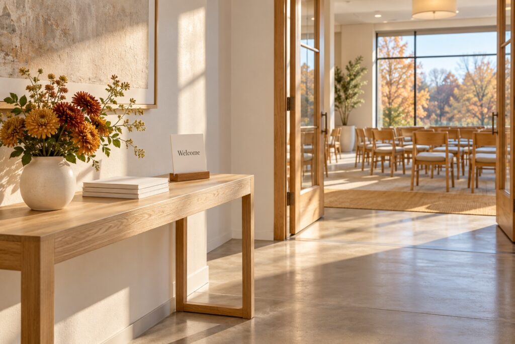 Wooden welcome table with autumn flowers and event handouts beside a clear doorway into a meeting room.