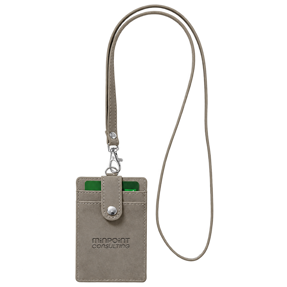 Gray RFID card and badge holder with a matching neck strap and sample debossed logo.