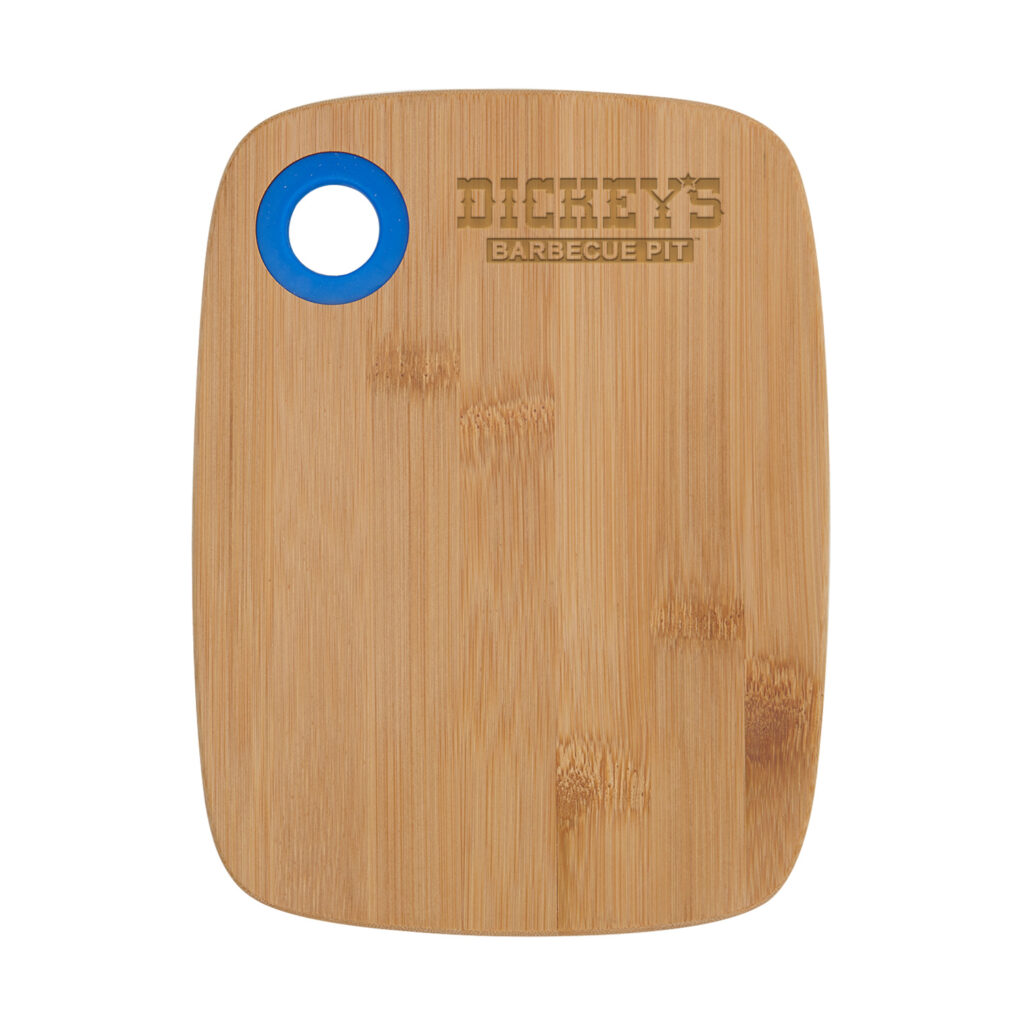 Small bamboo cutting board with a blue silicone ring and engraved Dickey’s Barbecue Pit sample logo.