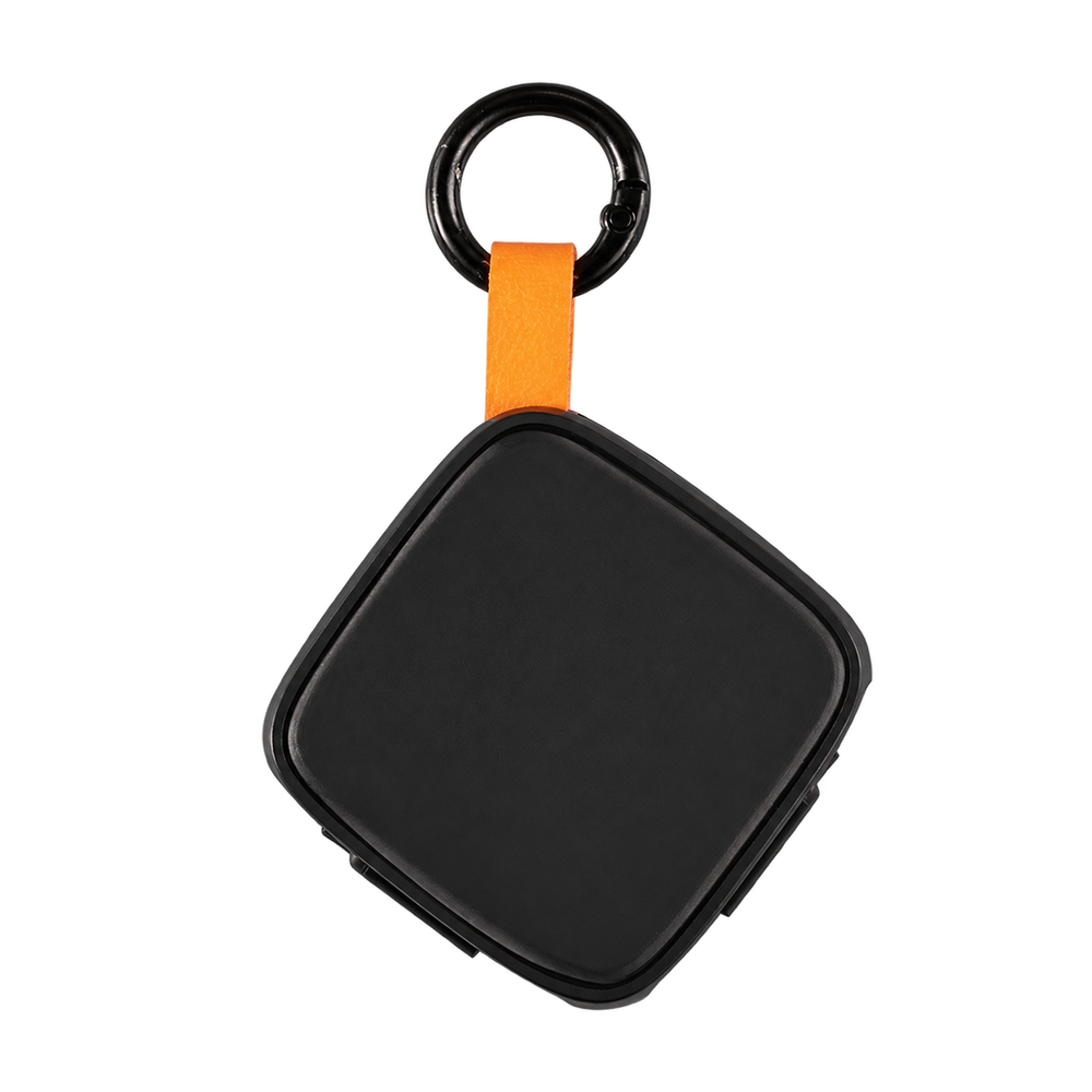 Black square retractable charging cable case with an orange loop and black carabiner.