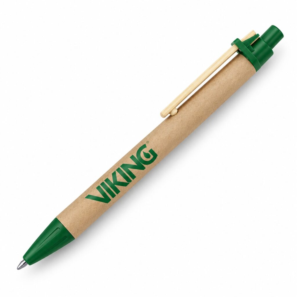 Natural cardboard click-action pen with green trim, a pale wooden clip and a green VIKING sample logo.