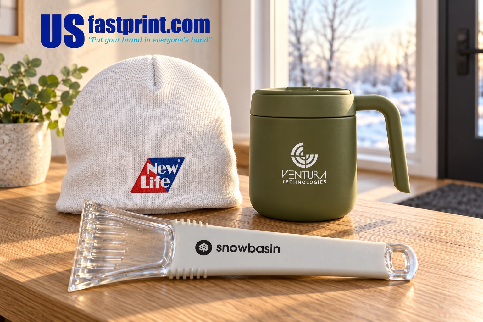 White knit beanie, snowbasin ice scraper and moss-green insulated mug on an oak console beside a winter window.
