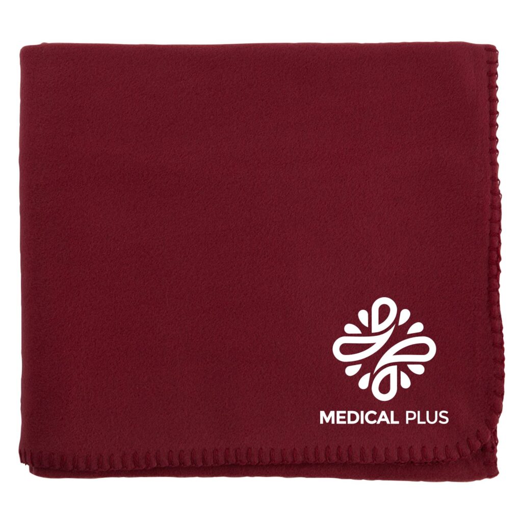 Burgundy Cozy Fleece Blanket with stitched edging and a white Medical Plus sample logo at the corner.
