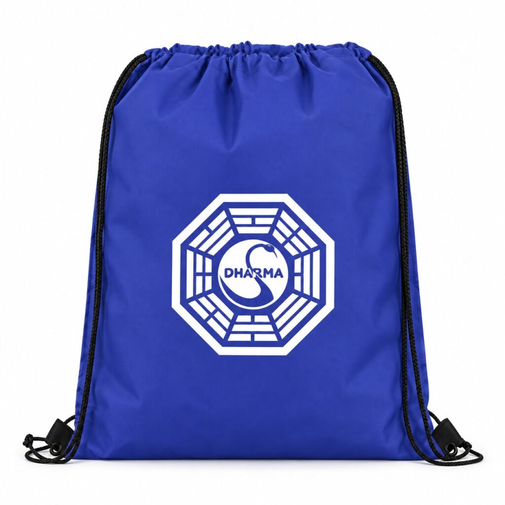 Blue nylon drawstring bag with black cords and a white octagonal DHARMA sample logo.