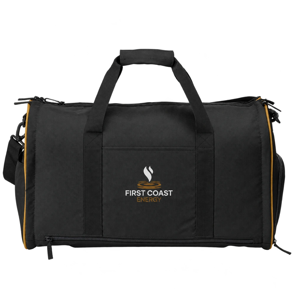 Black ClimaBloc convertible garment duffel with carry handles, shoulder strap and First Coast Energy sample imprint.