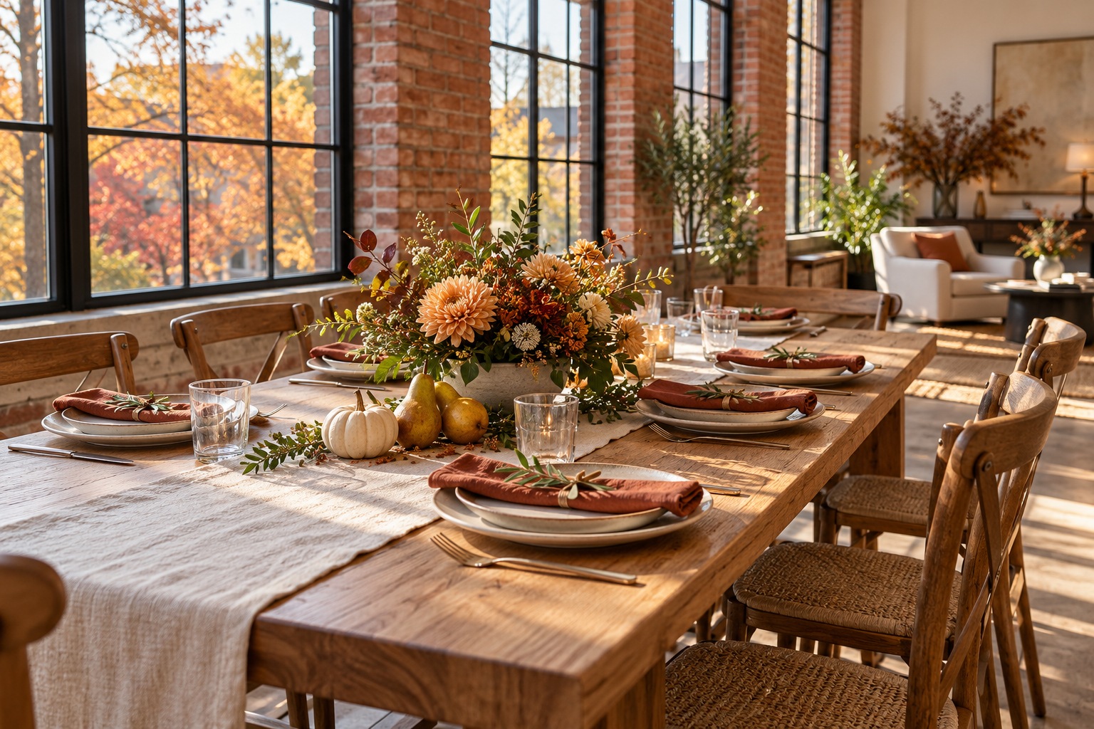 Autumn gathering table with cream place settings, rust-colored napkins and flowers beside tall sunlit windows.