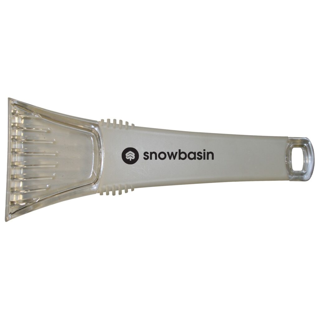 Great Lakes 10-inch ice scraper with a clear blade, white handle and black snowbasin sample logo.