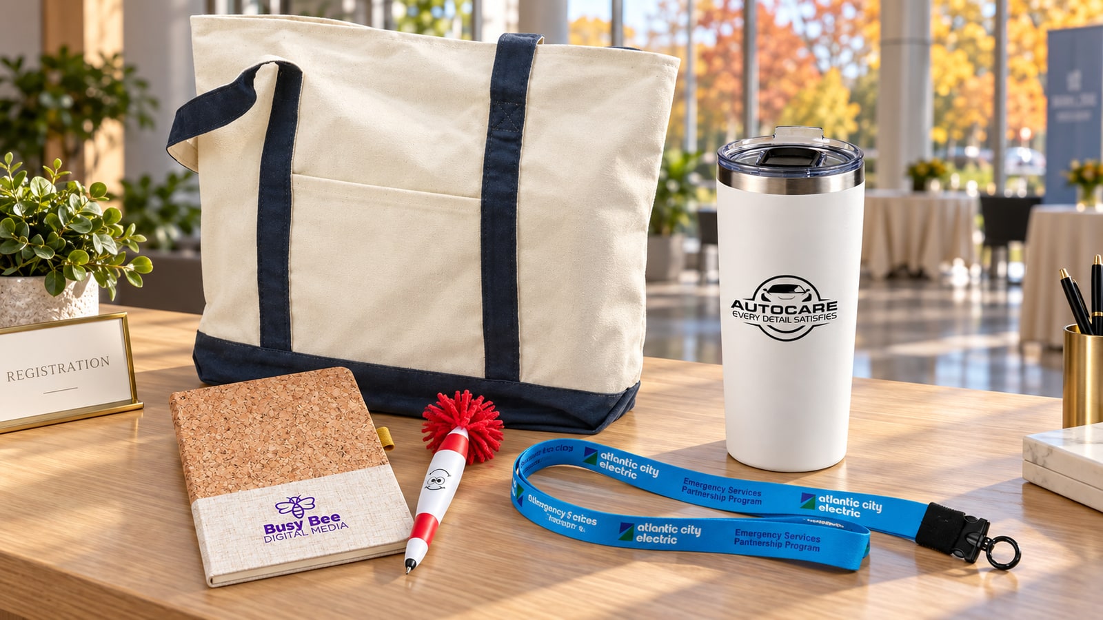 Tote, cork journal, tumbler, pen and blue lanyard arranged on a conference registration table.