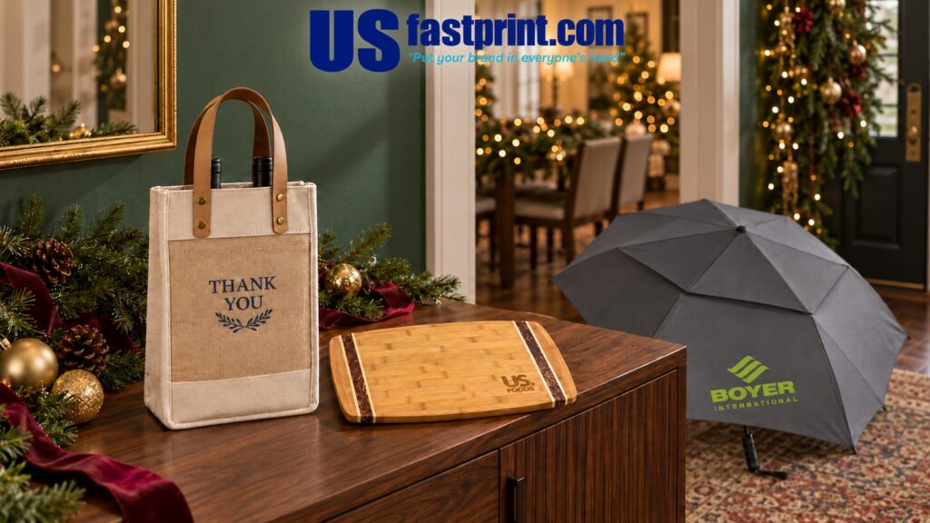 Cotton-jute wine bag, bamboo cutting board and gray vented umbrella in an evergreen-and-gold holiday entryway.