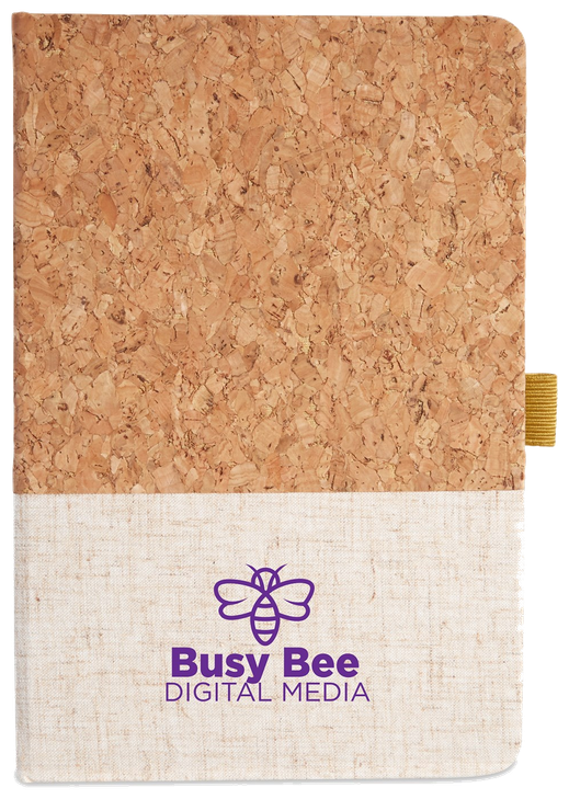 Cork and linen hardcover journal with a pen loop and purple sample logo.