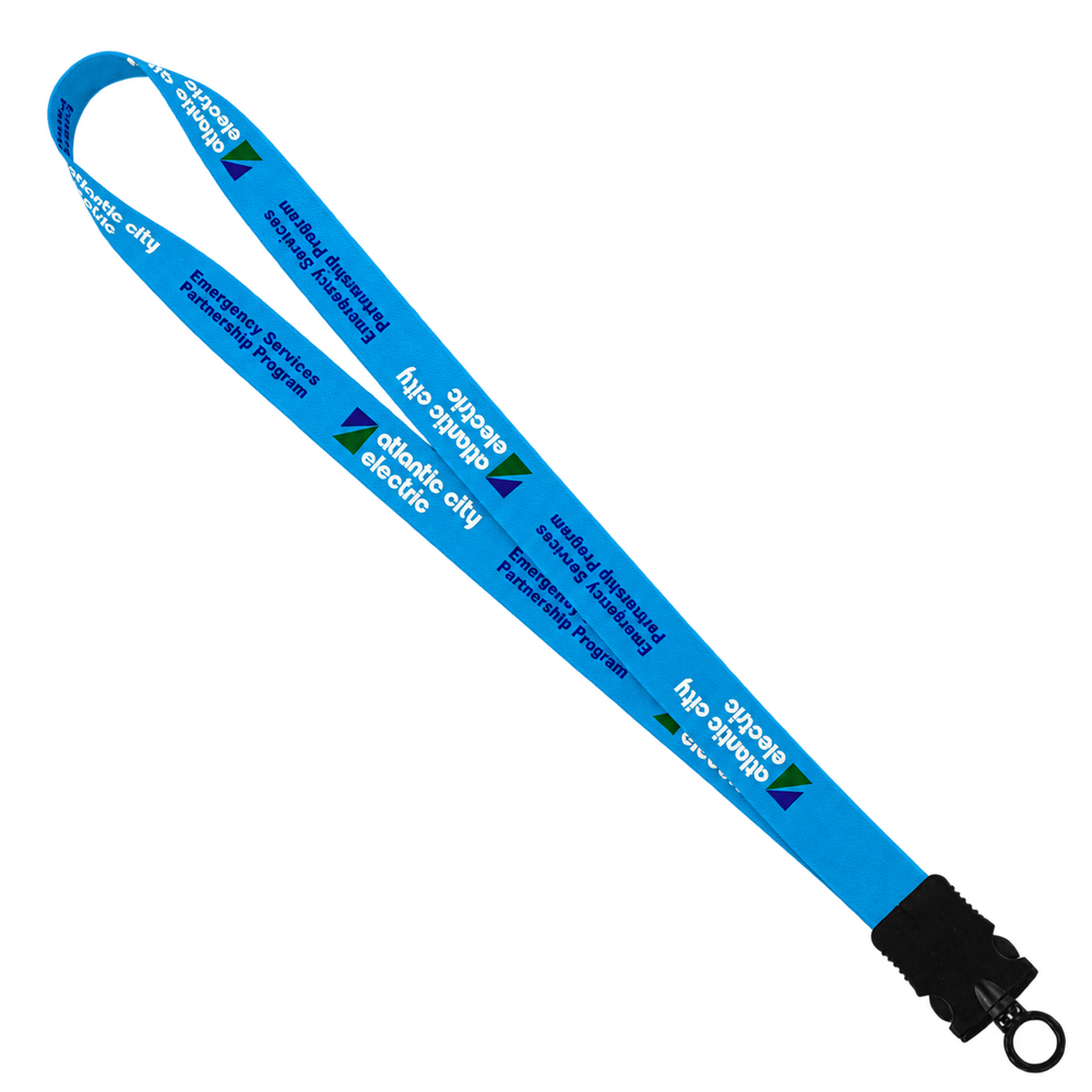 Blue printed lanyard with a black snap buckle and attachment ring.