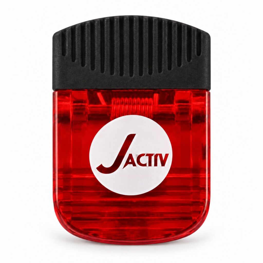 Red translucent magnetic clip with a black ribbed grip and a white circular JACTIV sample logo.