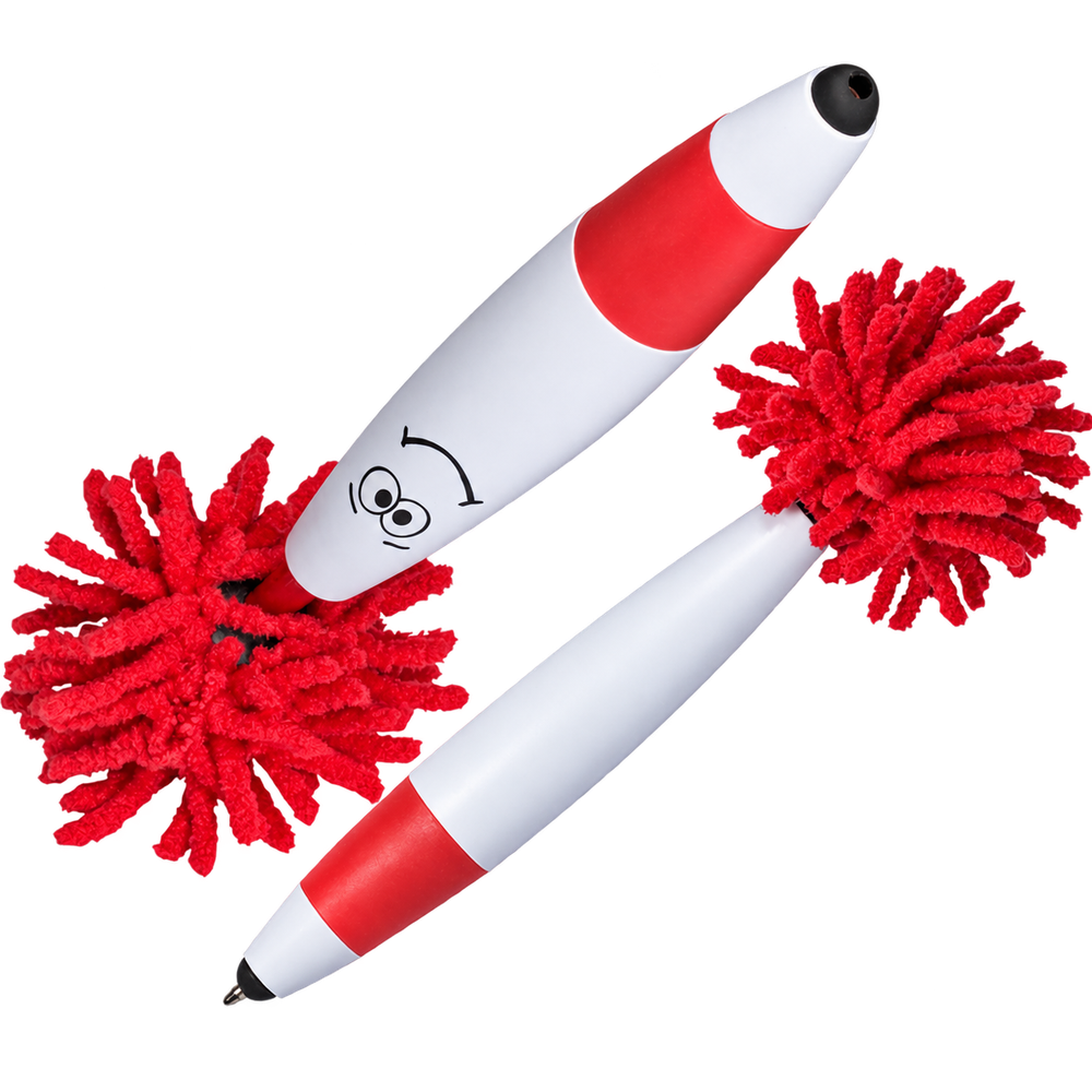 Two views of a white-and-red MopToppers Jr. pen with a stylus and microfiber top.