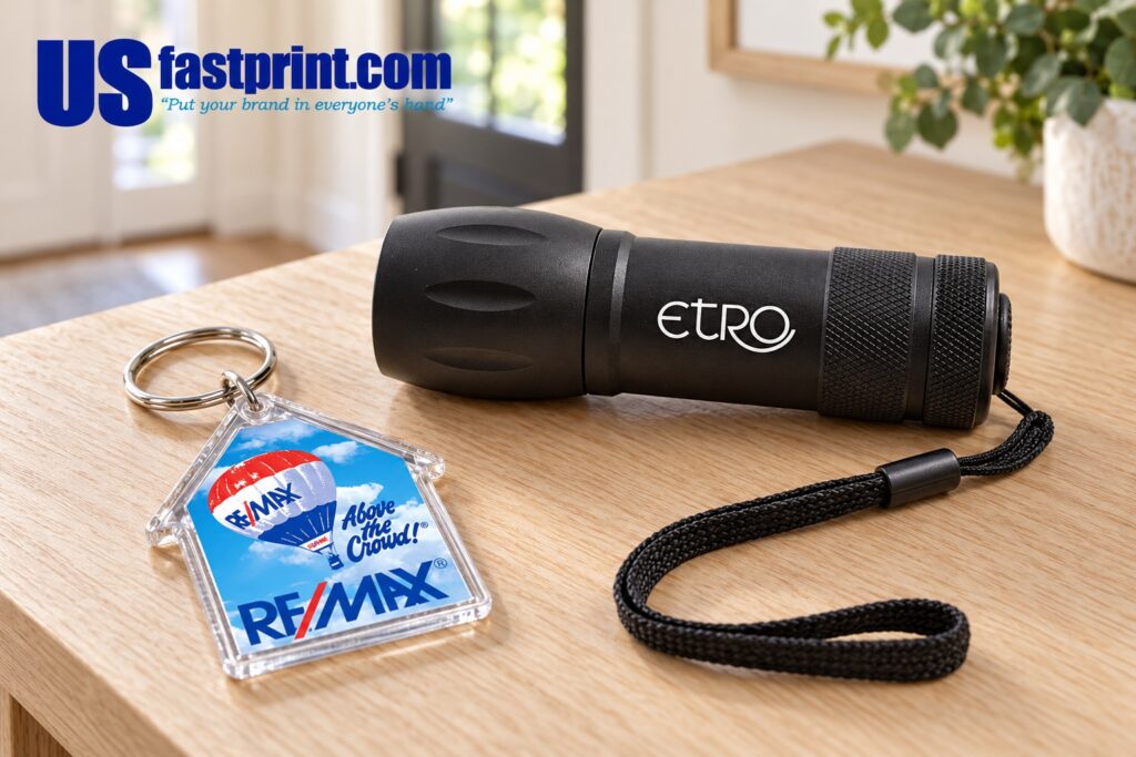 House-shaped acrylic keytag and black nine-LED flashlight with sample logos on a light wood entry table.