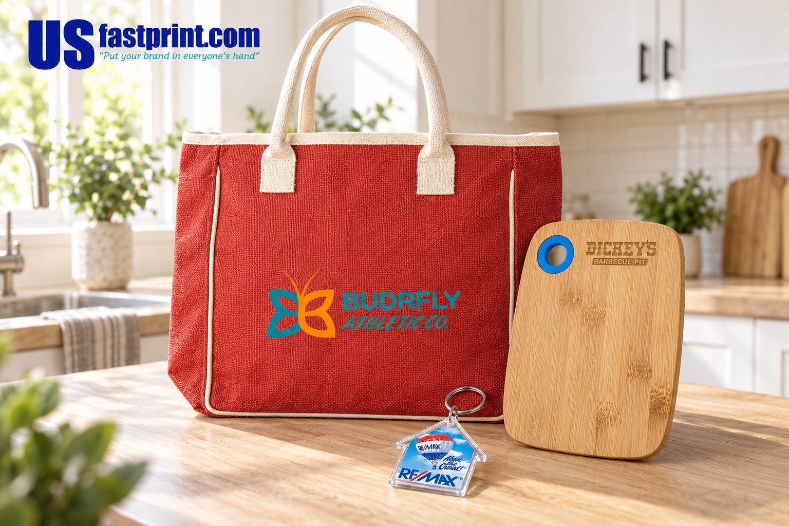 Red jute tote, blue-ring bamboo cutting board and house-shaped acrylic keytag arranged on a bright kitchen counter.