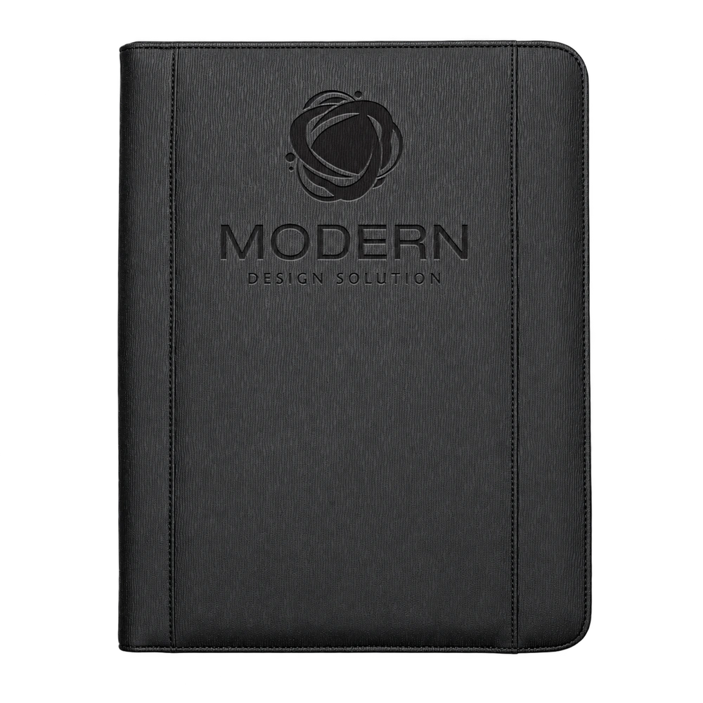 Black textured Roma tech portfolio with a three-sided zipper and Modern Design Solution debossed sample logo.
