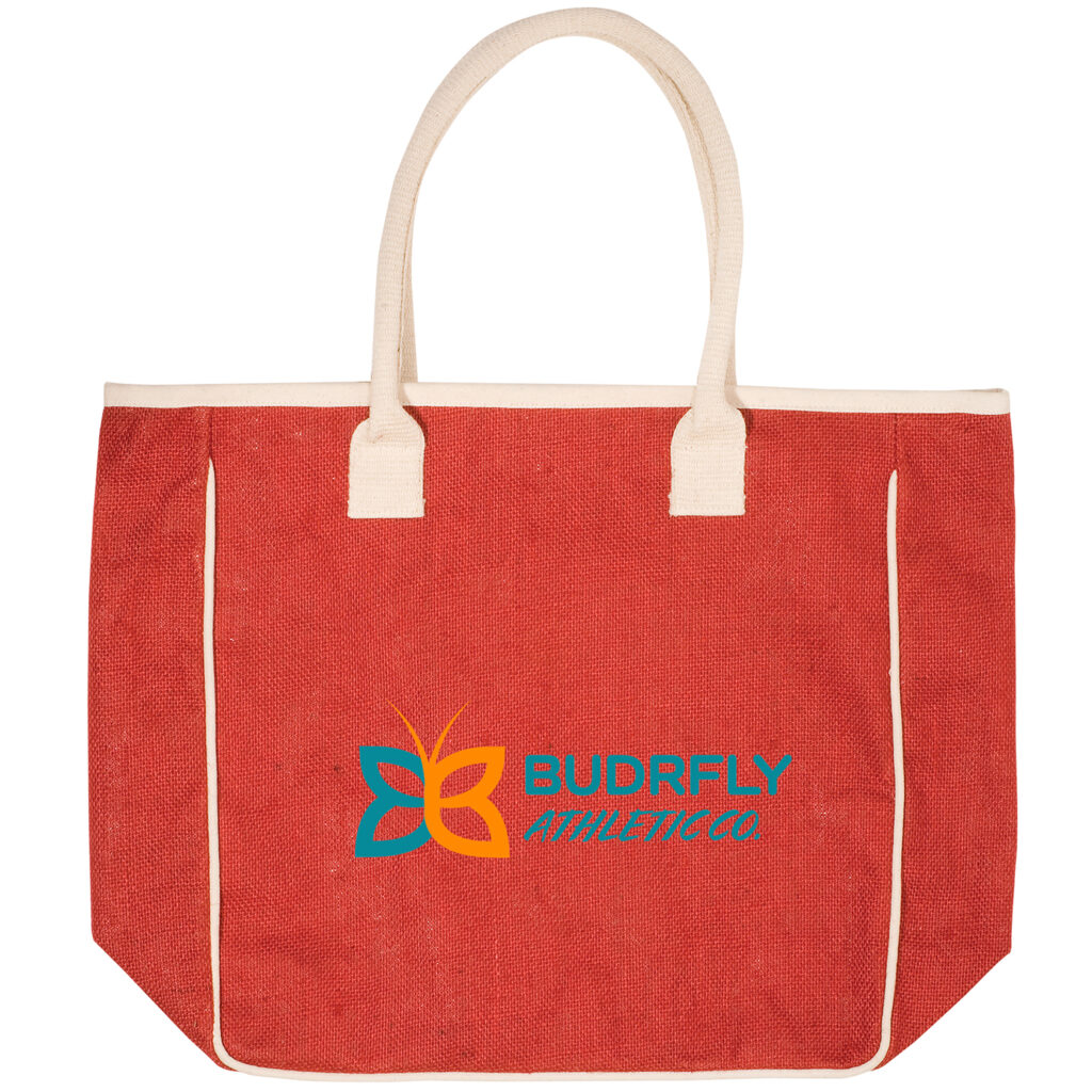 Red Seville jute tote with cream canvas trim and handles, plus the BUDRFLY Athletic Co. sample logo.