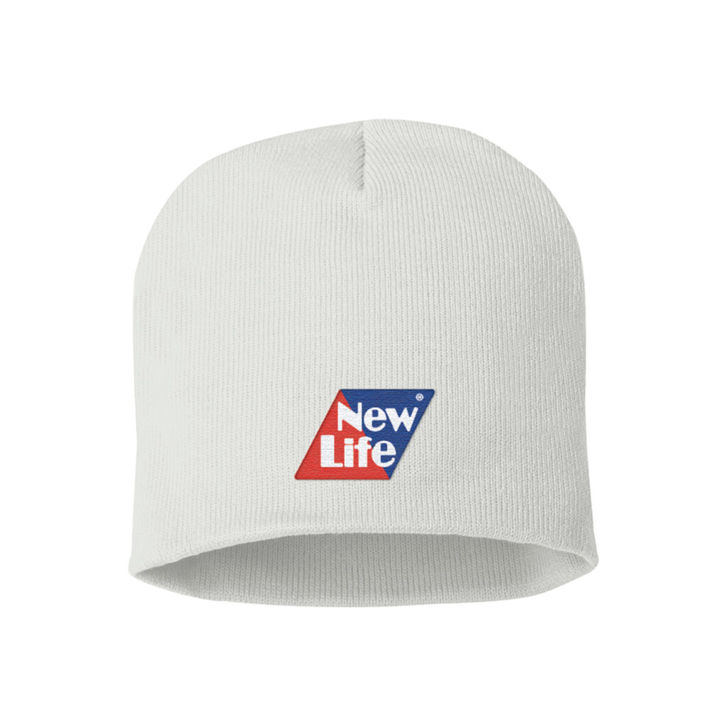 White Sportsman SP08 knit beanie with a red-and-blue New Life sample logo on the front.
