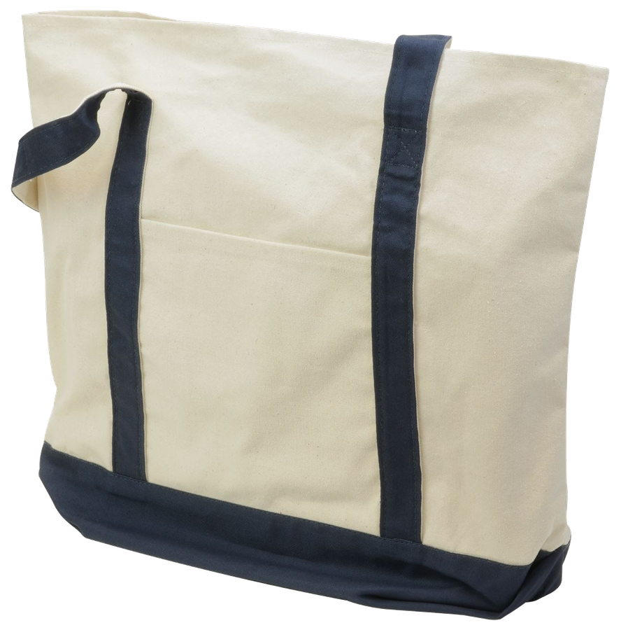 Natural cotton-canvas boat tote with navy shoulder straps, trim and front pocket.