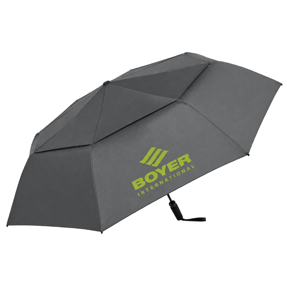 Open gray GoGo by Shed Rain Vortex compact umbrella with lime Boyer International sample imprint, black handle and wrist strap.