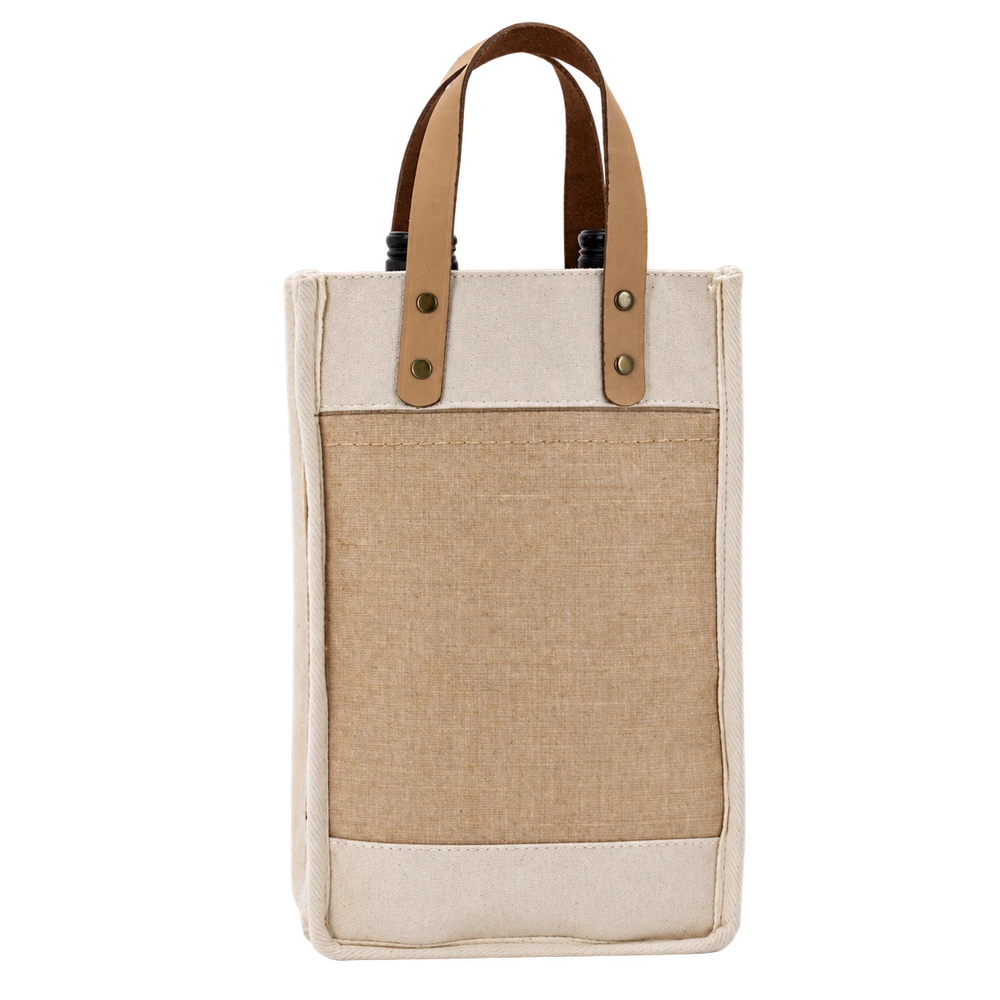 Natural cotton-jute Sonoma two-bottle wine cooler bag with brown leather handles, a blank front pocket and two bottle necks visible as photo props.