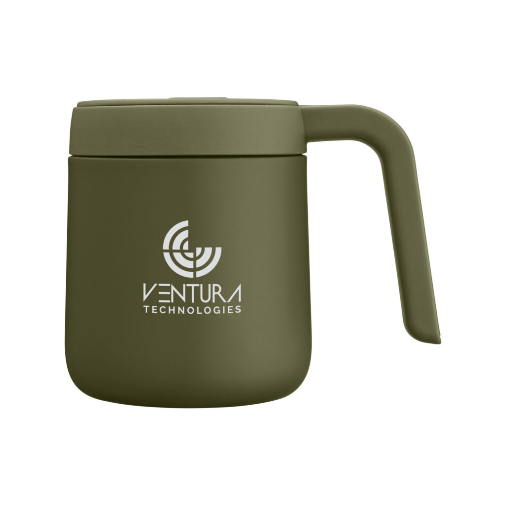 Moss-green WorkSpace 12oz insulated mug with a matching lid, open-ended handle and white Ventura Technologies sample logo.
